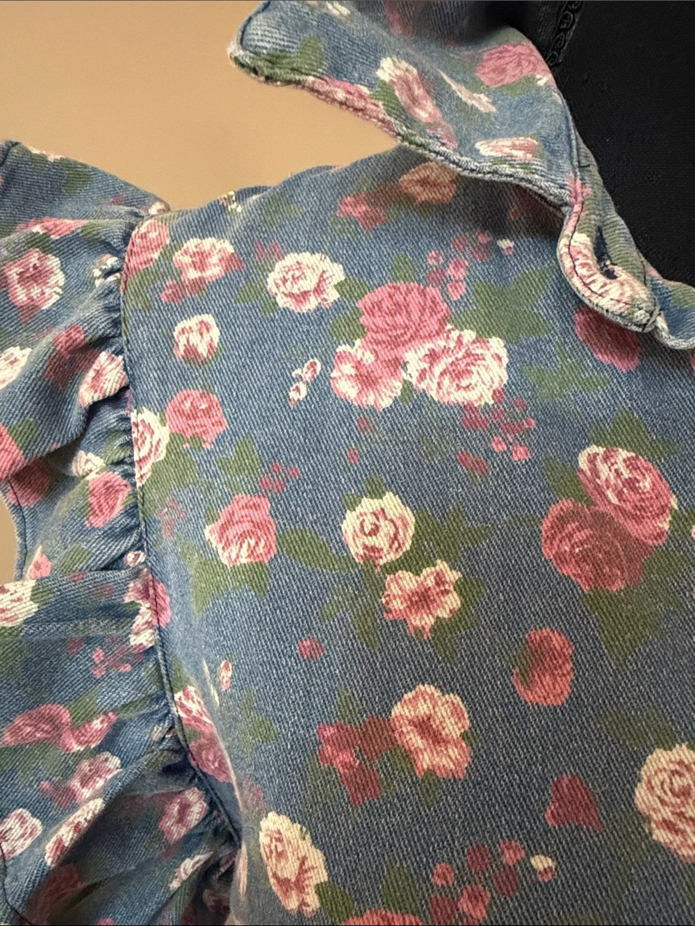 Floral Ruffle Belted Button-Up Dress - Blue with Pink Roses - Picture 2 of 9